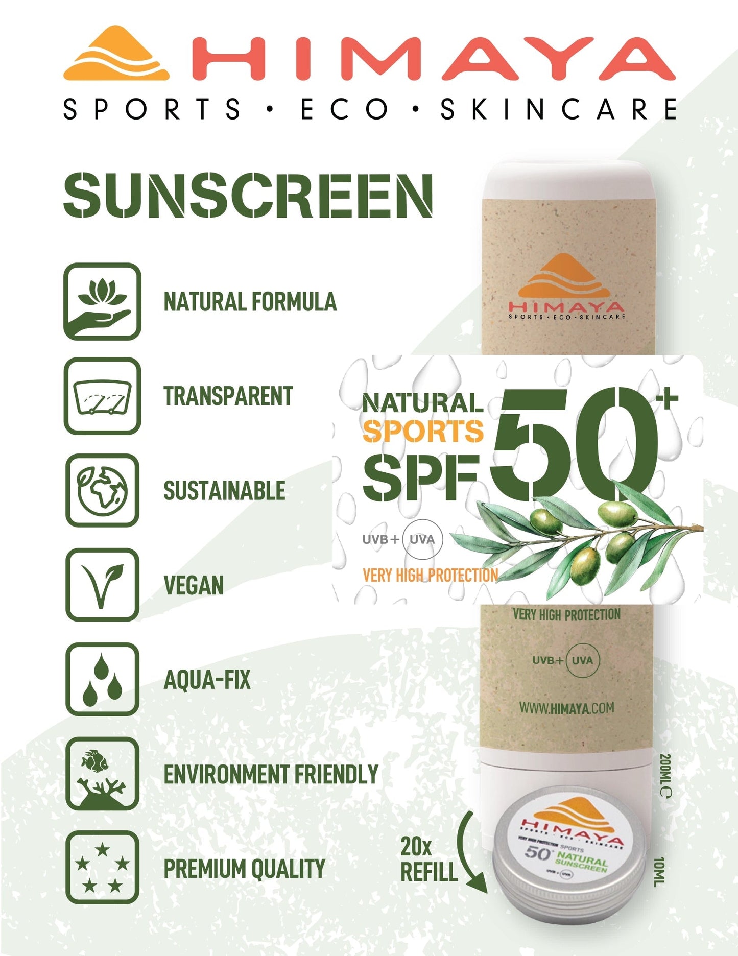 HIMAYA Natural Sunscreen SPF 50+ 200ml – Mineral - Zinc - Reef Safe -Refillable (Copy) Himaya