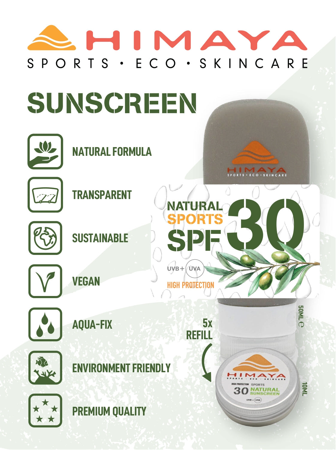 HIMAYA Natural Sunscreen SPF 30 50ml – Mineral - Zinc - Reef Safe -Refillable Himaya